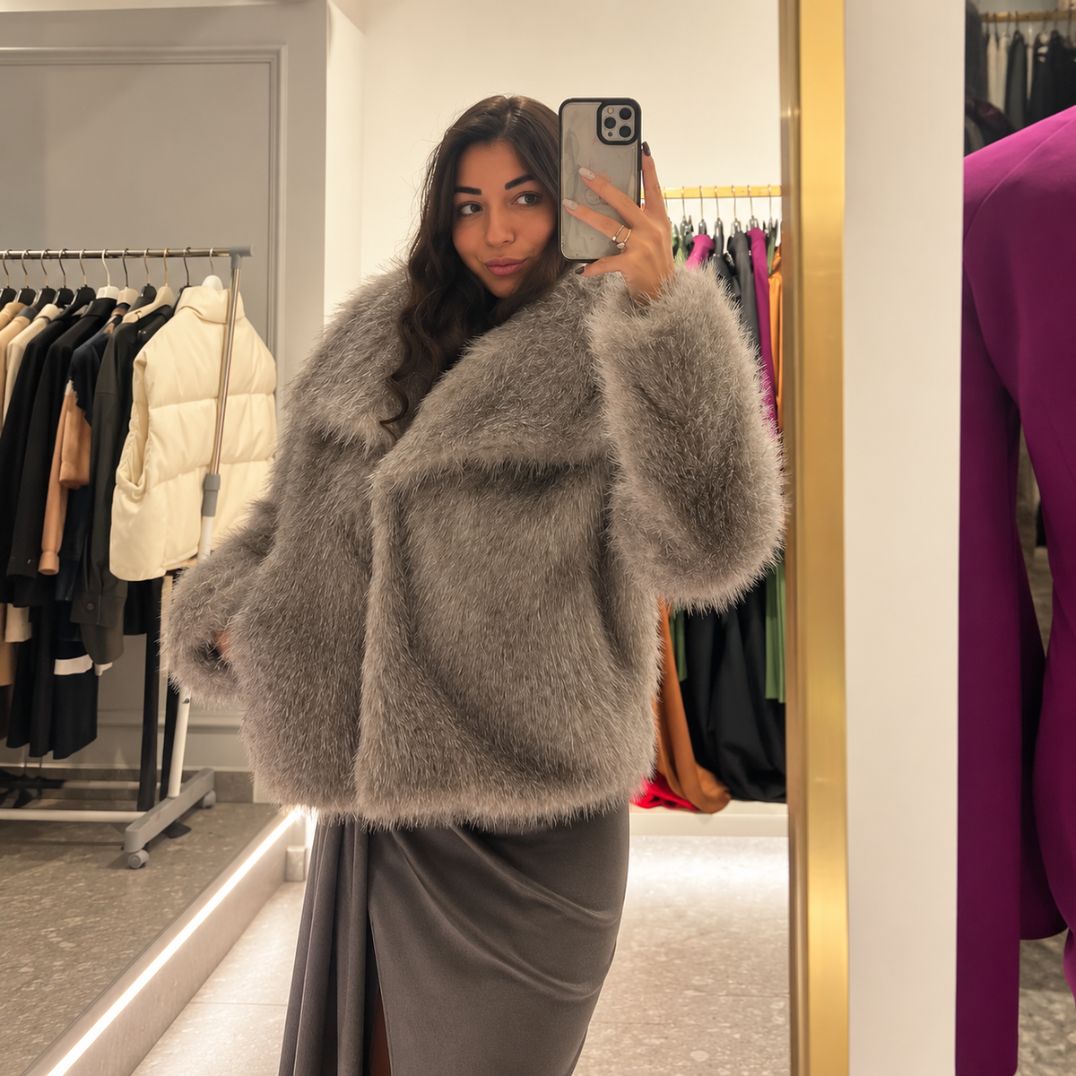 Boutique Mirror Selfie in Gray Faux Fur