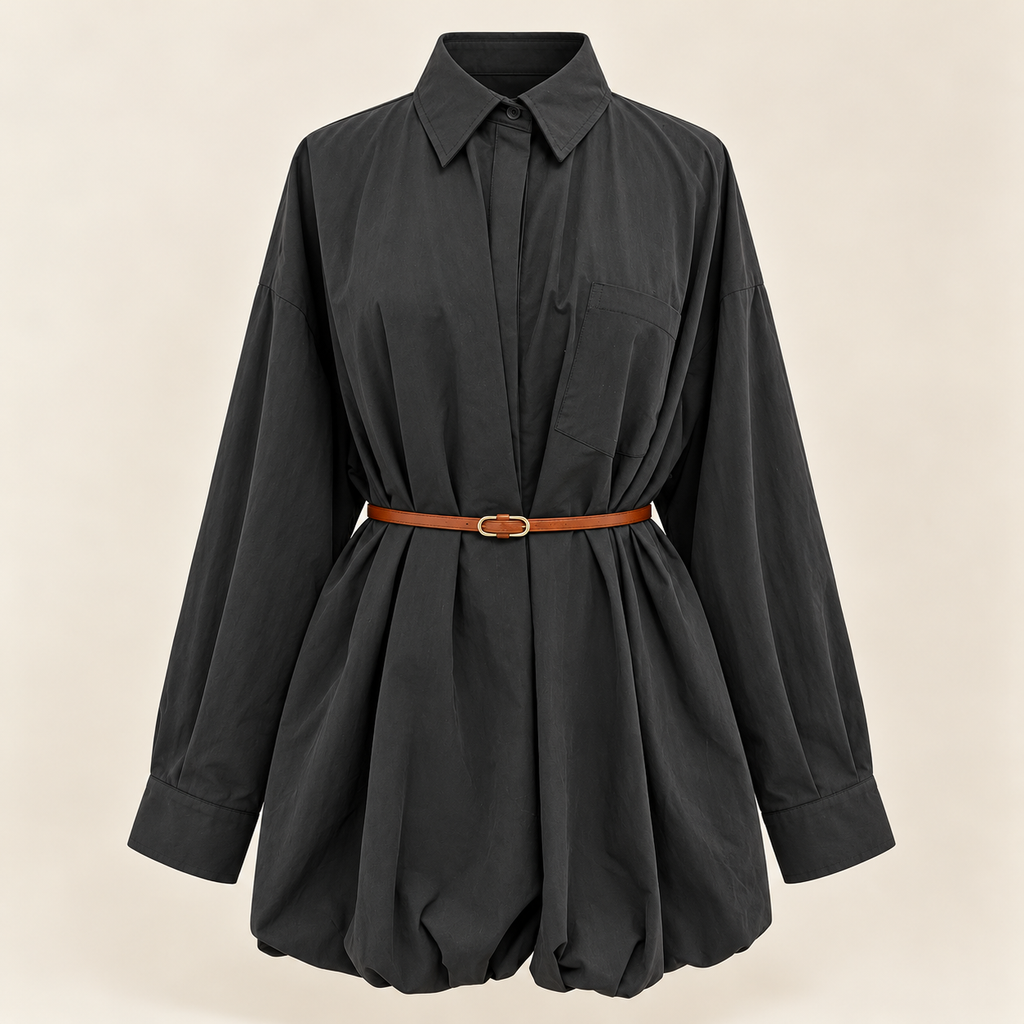 Charcoal Shirt-Dress with Pleated Hem