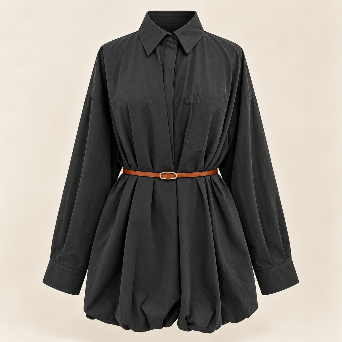 Charcoal Shirt-Dress with Pleated Hem