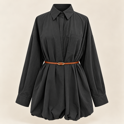 Charcoal Shirt-Dress with Pleated Hem