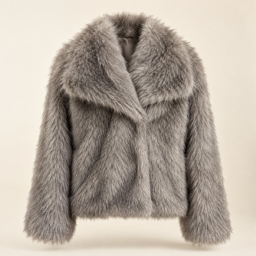 Giacca in pelliccia grigia su fondo beige